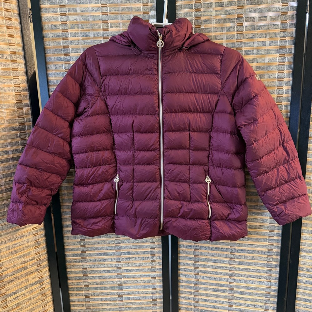 Michael Kors Puffer Jacket Women 2X Burgundy Packable Down Hooded Quilted Coat